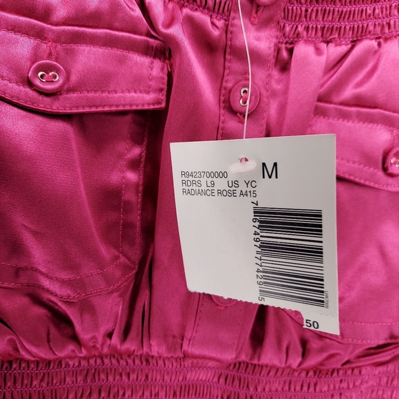 Guess Y2K Vtg Smocked Empire Top Medium Pink Satin Puffed Short Sleeve Button - Picture 7 of 9